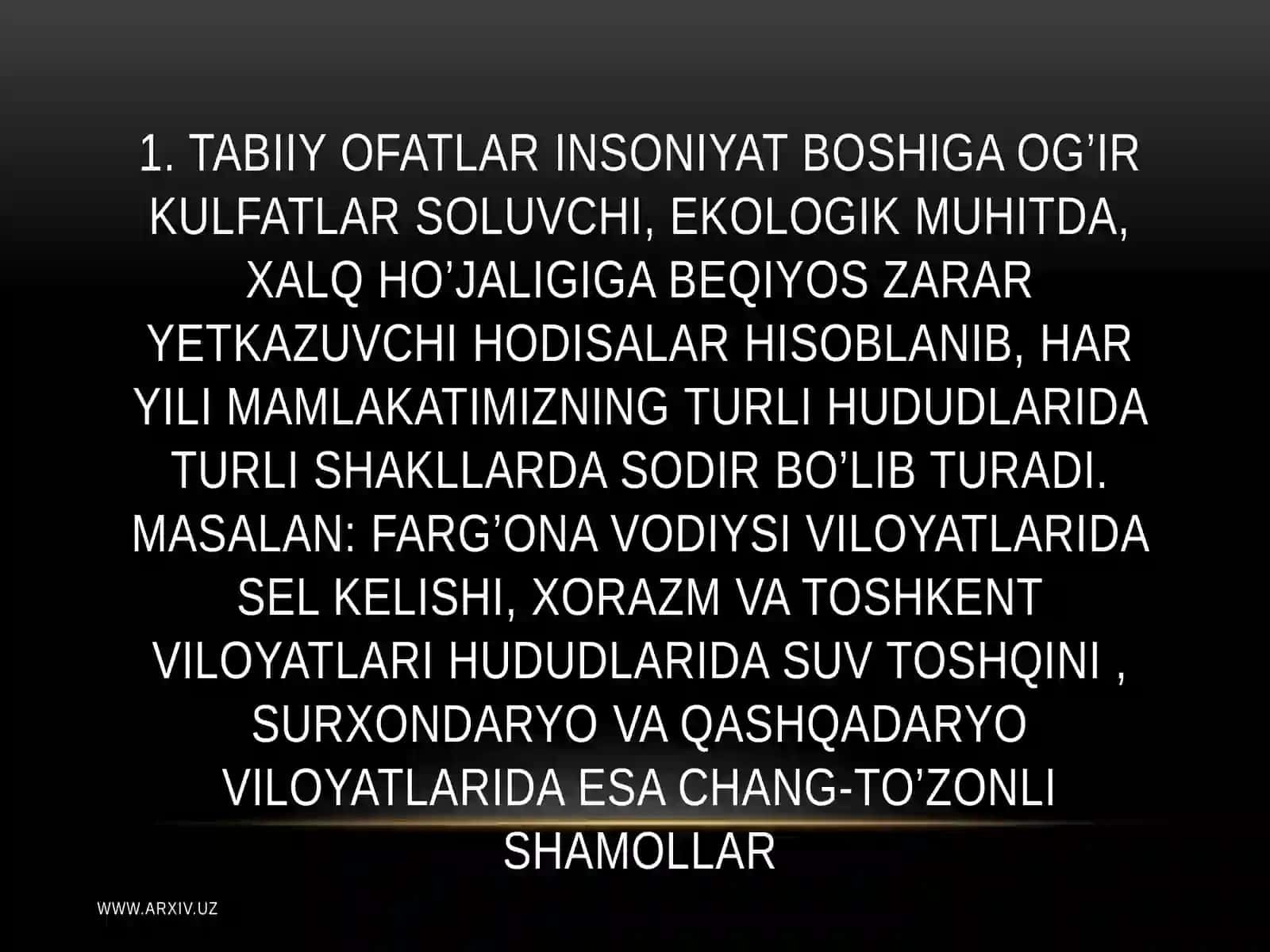 TABIIY, TEХNOGENVA EKOLOGIK TUSDAGI FAVQULODDAVAZIYATLAR 4