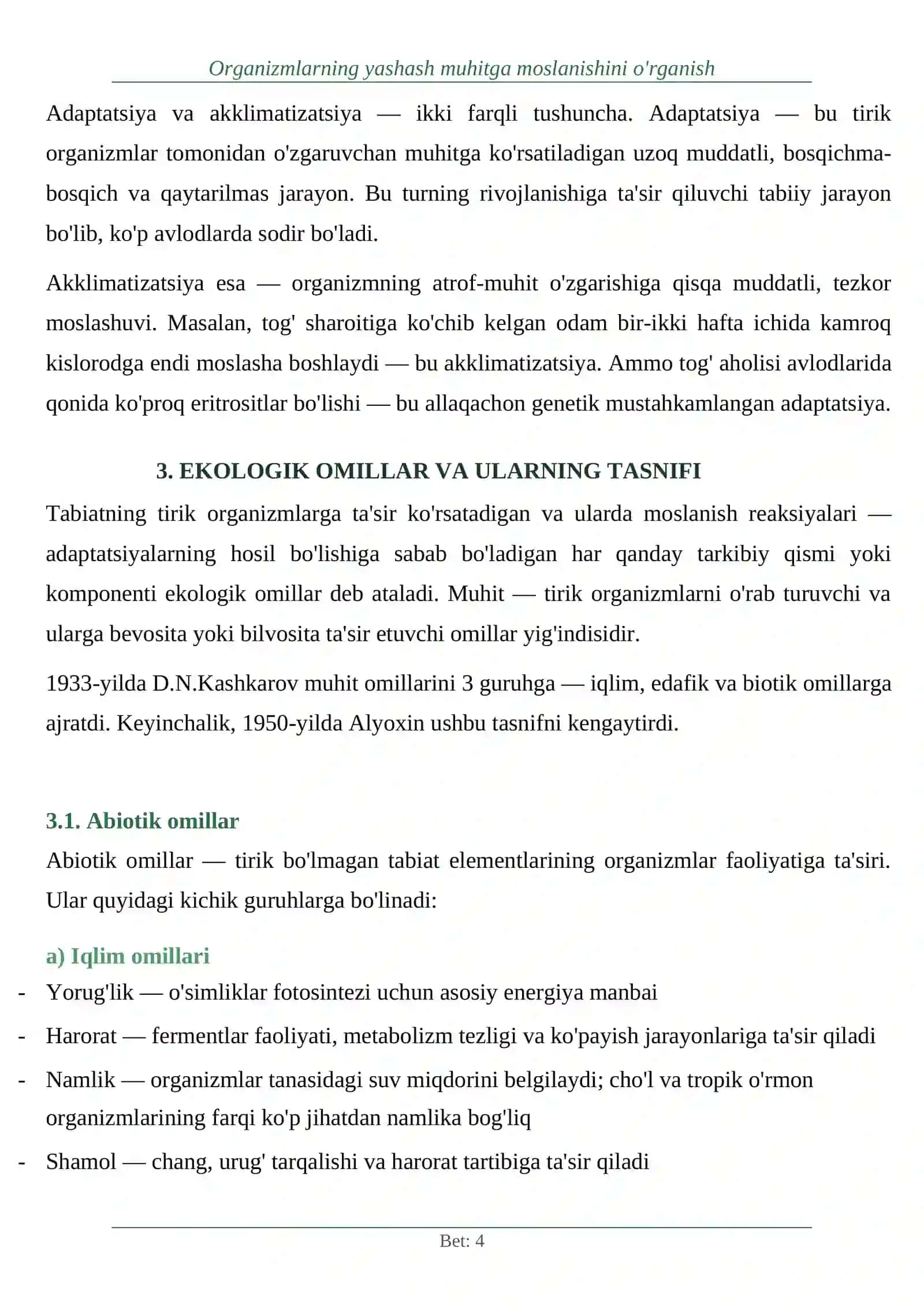 Organizmlarning yashash muhitga moslanishini o‘rganish mavzusi bo'yicha rasmsiz referat 4