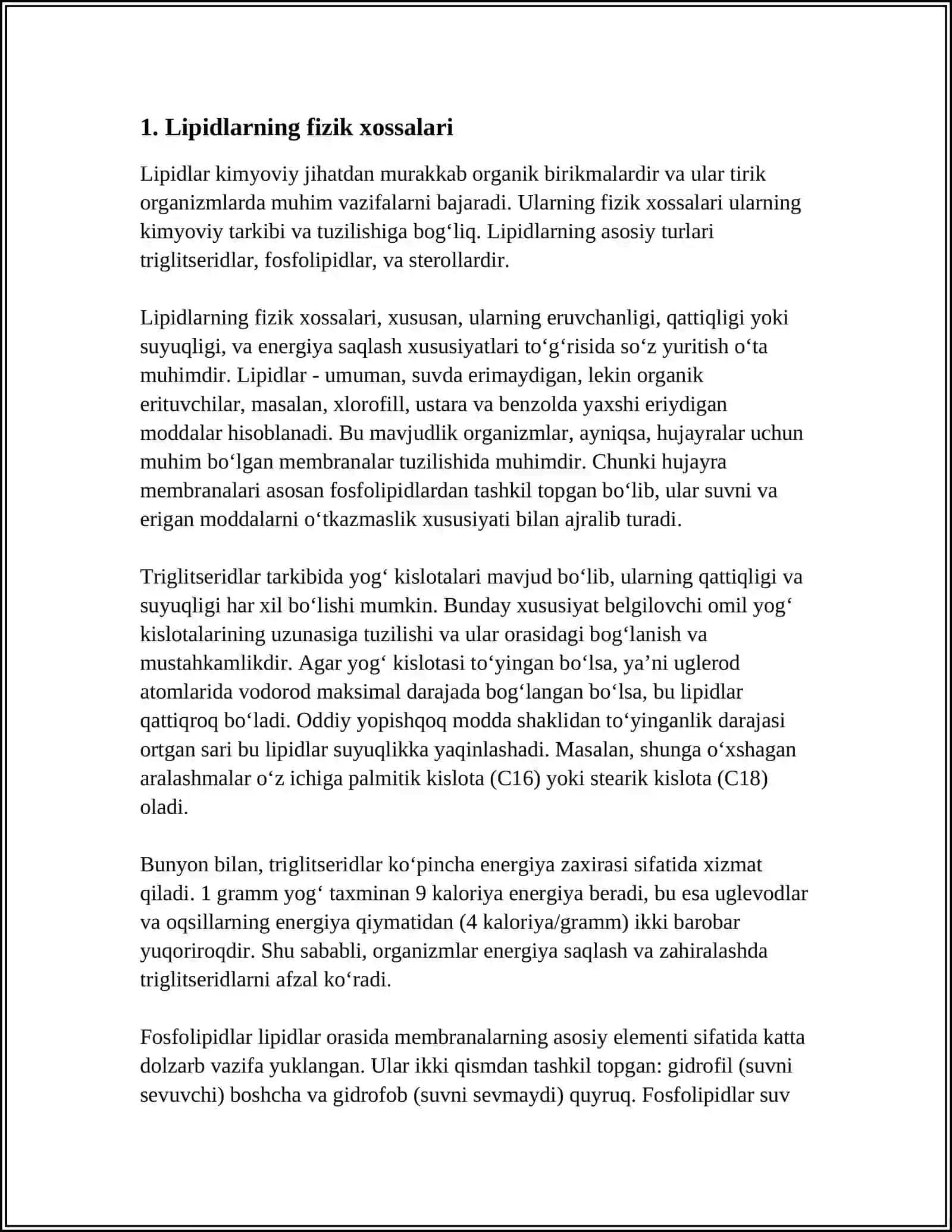 LIPIDLAR. LIPIDLARNING FIZIK, KIMYOVIY VA BIOLOGIK XUSUSIYATLARI 4