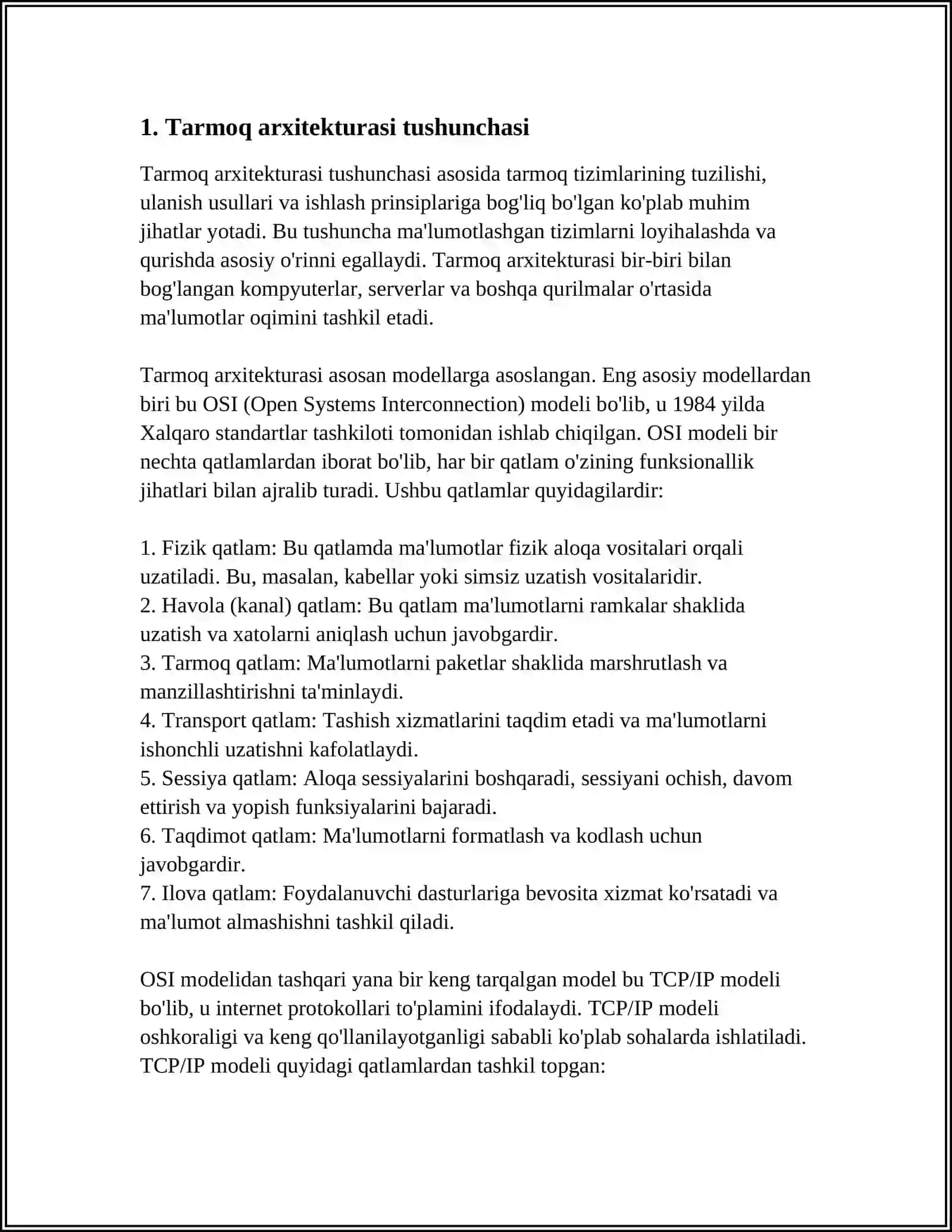 TARMOQ ARXITEKTURASI VA DIZAYNI: TARMOQ DIZAYNINING ASOSIY TAMOYILLARI, LAN, WAN, MAN ARXITEKTURALARI 4