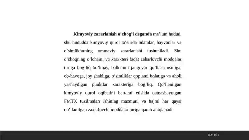 Kimyoviy qurol. Zaharli moddalarni tavsiflash. Kimyoviy vaziyatni baholash 4