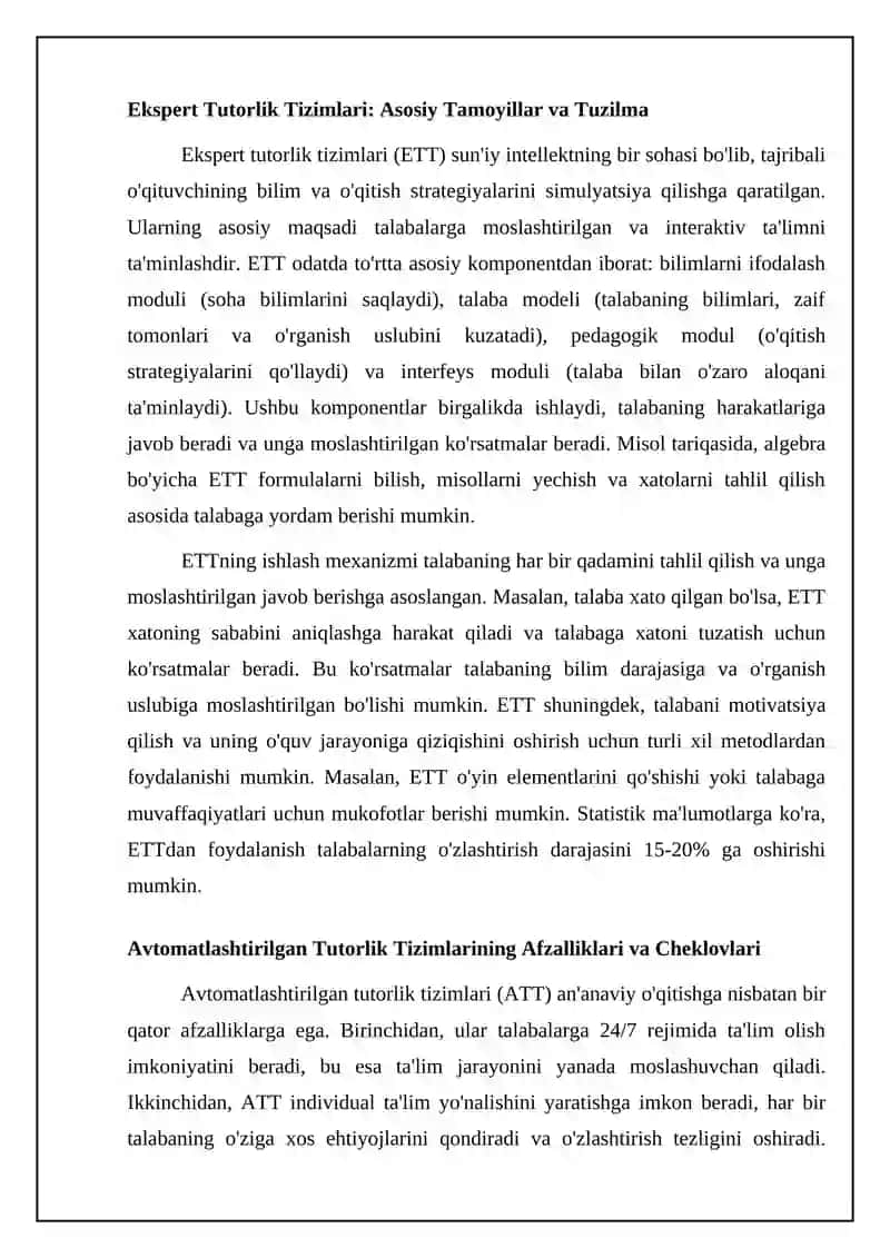 Ekspert tutorlik tizimlari va avtomatlashtirilgan tutorlik tizimlari: Umumiy ko'rinish 4