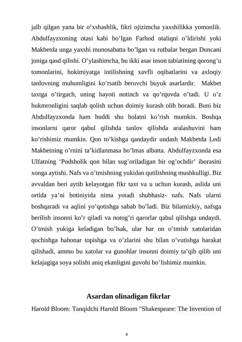 Mavzu: Shekespirning “Makbet” va Fitratning “Abdulfayzxon” drammasining o’xshashlik jihatlari 4