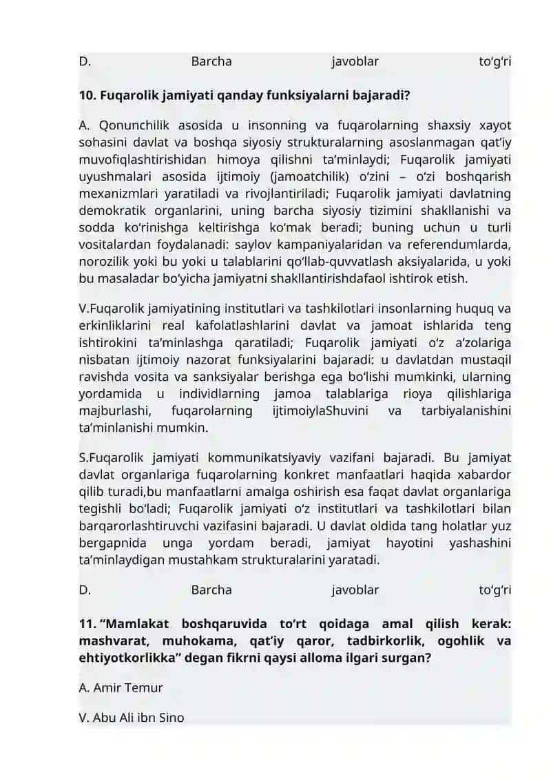 "Fuqarolik jamiyati”fanidan testlar 4