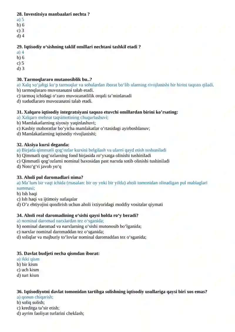 2-KURS TALABALARI UCHUN IQTISODIYOT FANIDAN TEST SAVOLLARI 4