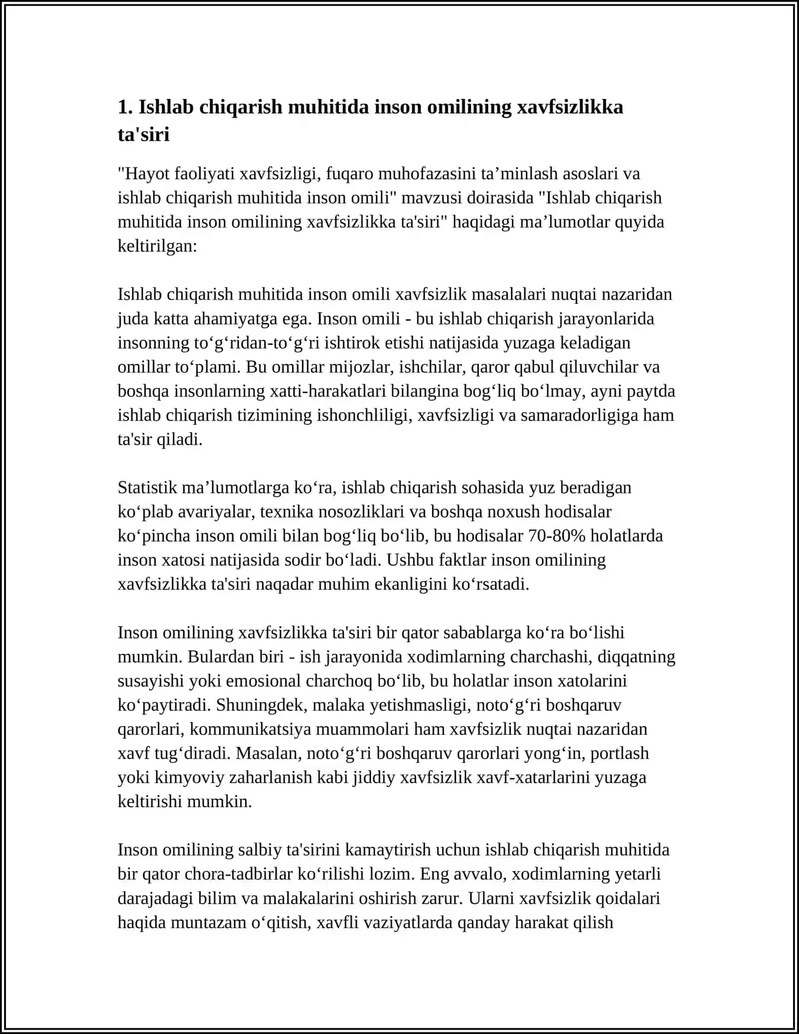 Hayot faoliyati xavfsizligi, fuqaro muhofazasini ta’minlash asoslari va ishlab chiqarish muhitida inson omili 4