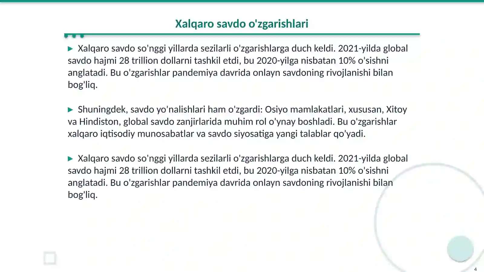 Globallashuv va xalqaro savdoning rivojlanish tendensiyalari 4