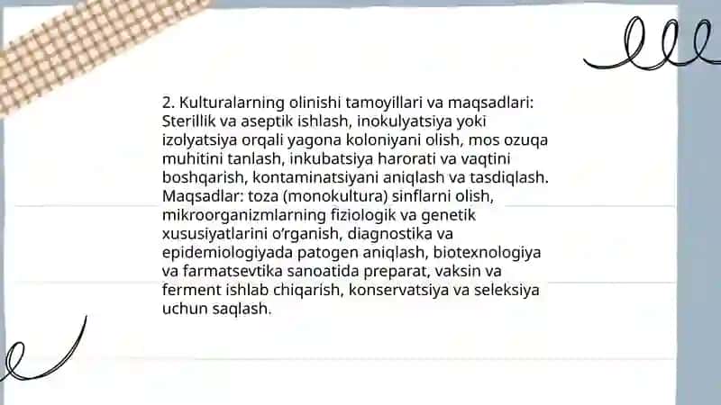 Toza kulturalar va ularning olinishi. Mikroorganizmlar preparatlarini tayyorlash texnikasi 4