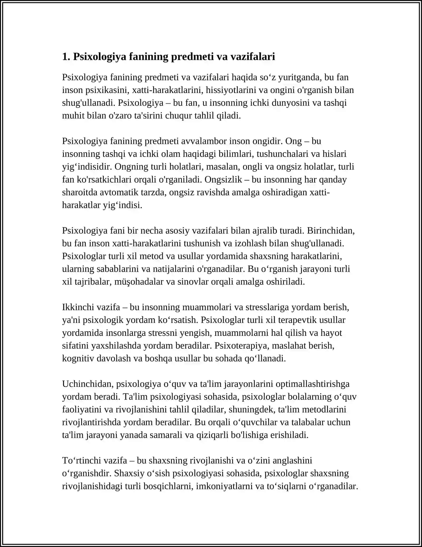 PSIXOLOGIYA FANINING PREDMETI, RIVOJLANISHI TARIXI VA SOHALARI 4