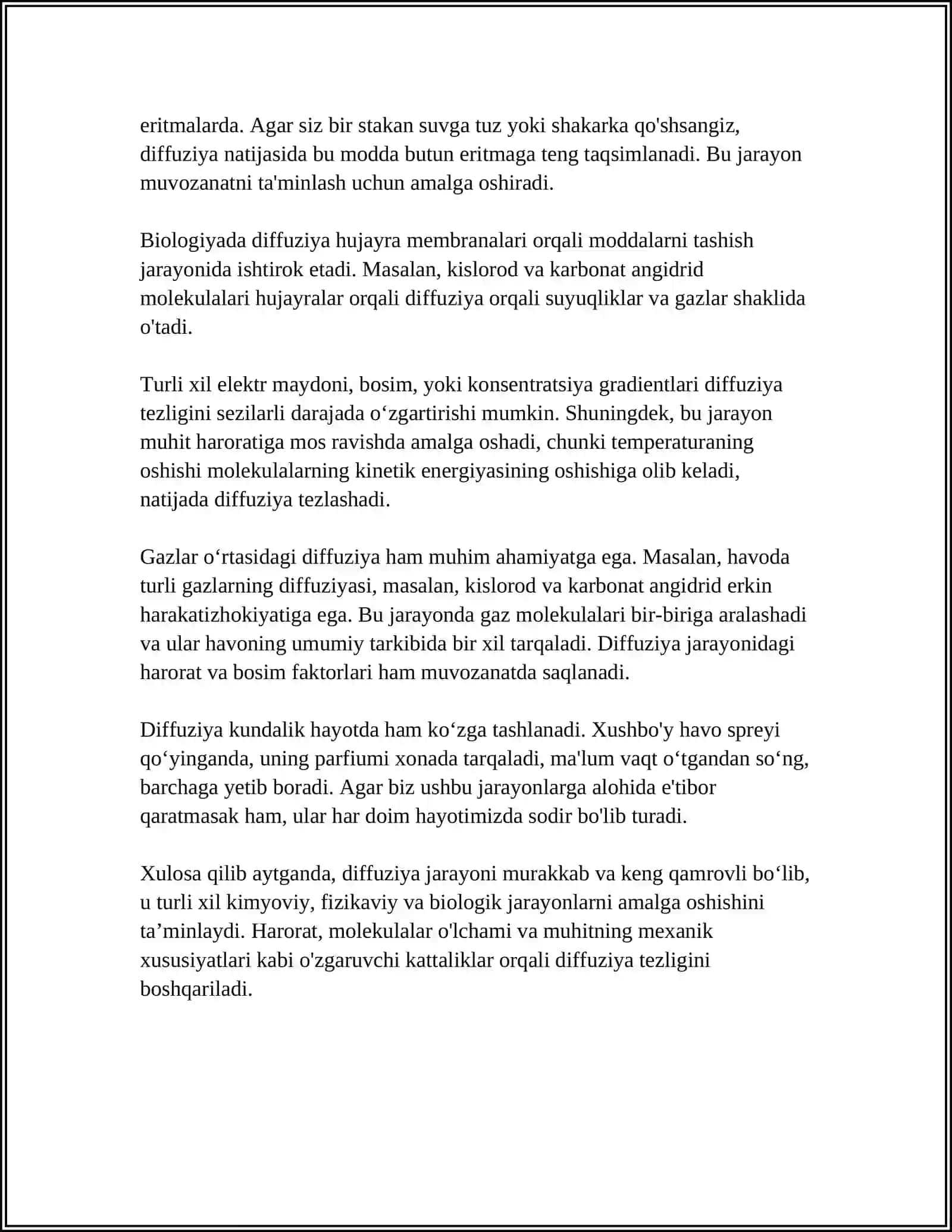 KO'CHISH HODISALARI. DIFFUZIYA, ISSIQLIK O'TKAZUVCHANLIK VA QOVUSHQOQLIK 4
