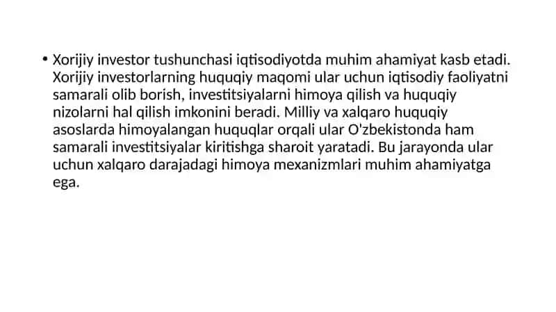 Xorijiy investorlar huquqiy holatining o’ziga xos xususiyatlari 4