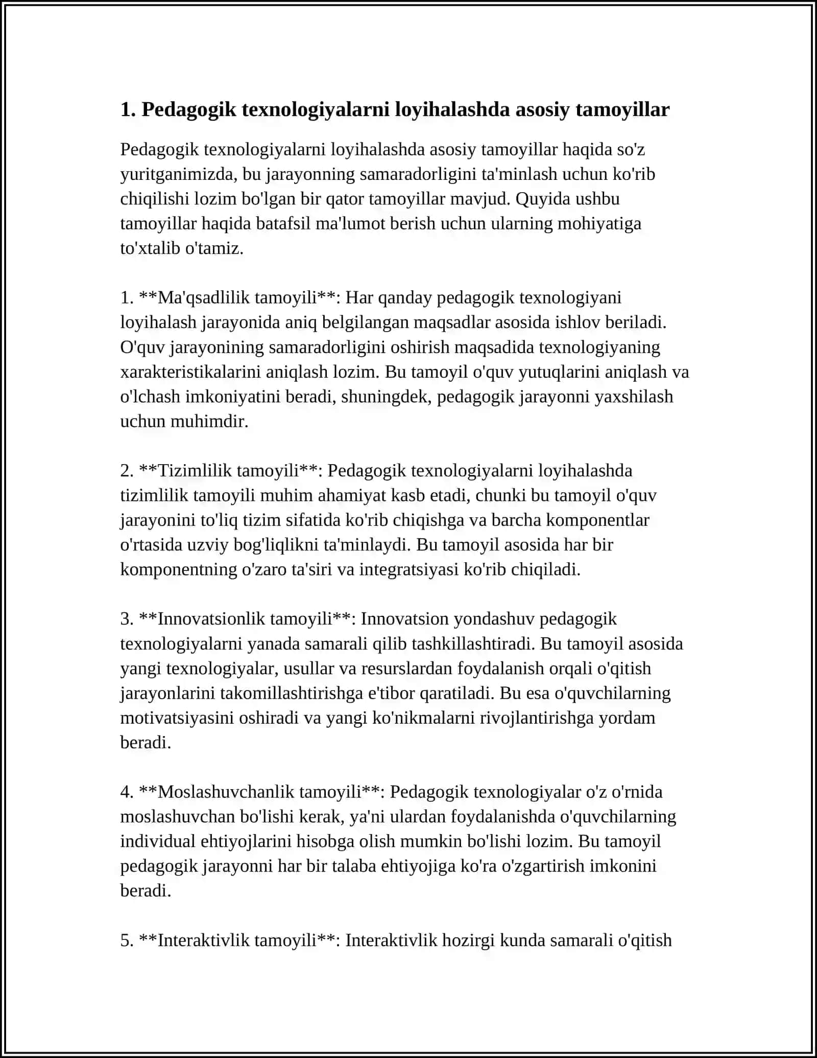 PEDAGOGIK KOMPETENTLIKNI SHAKLLANTIRISHDA PEDAGOGIK TEXNOLOGIYANI LOYIHALASHTIRISH VA REJALASHTIRISH YÒLLARI, TA'LIM VOSITALARI-TA'LIM TEXNOLOGIYASINING TARTIBINI ÒRGANISH 4