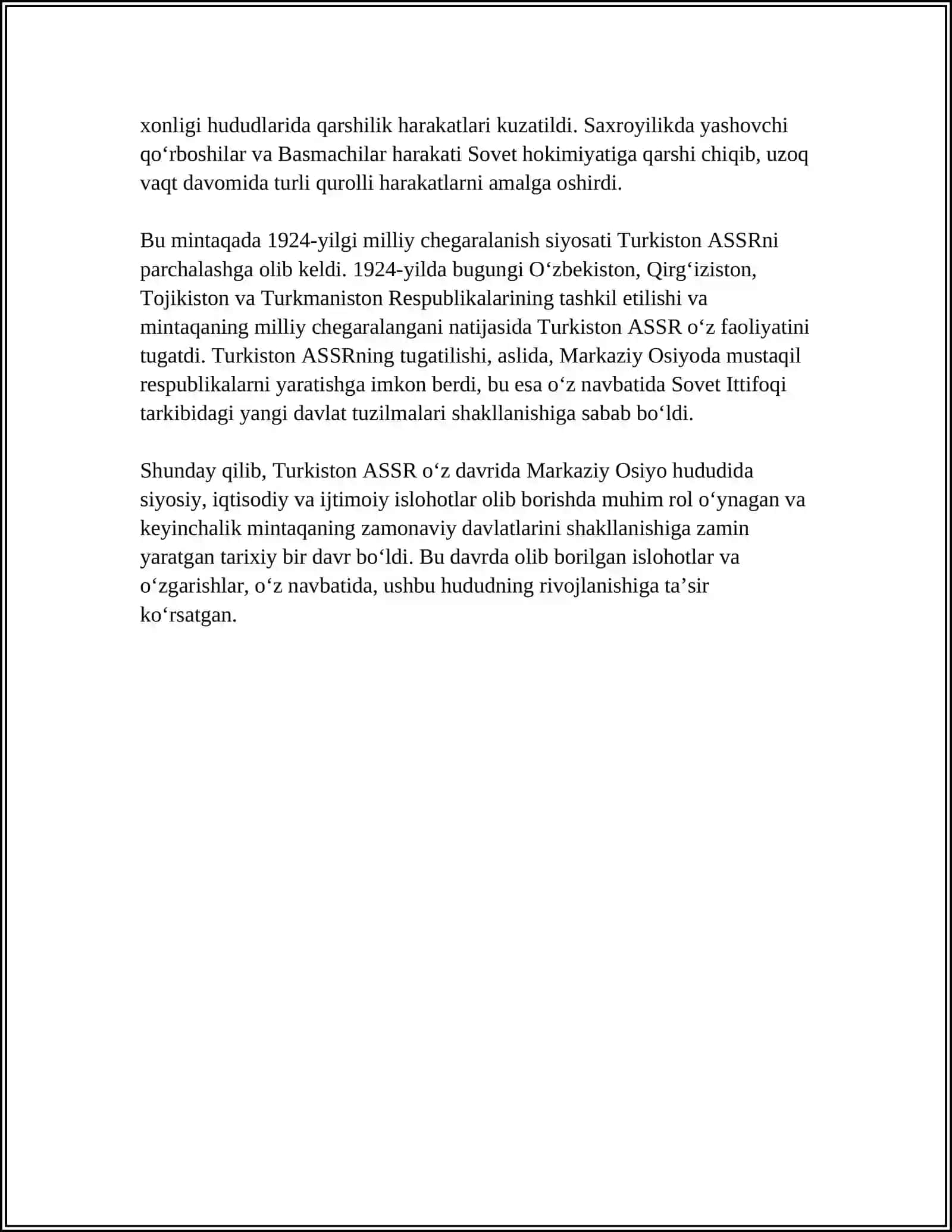 TURKISTON ASSRNI TASHKIL TOPISHI FAOLIYATI BOYICHA MUSTAQIL ISH 4