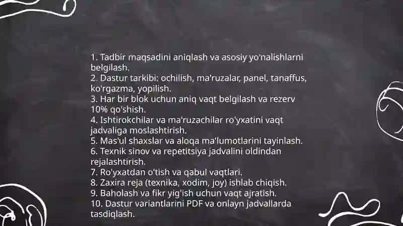 Koʻrgazma, festival, forum, seminar, ilmiy, anjuman, davra suhbati, tanlov tadbirlarini tashkil etish 4