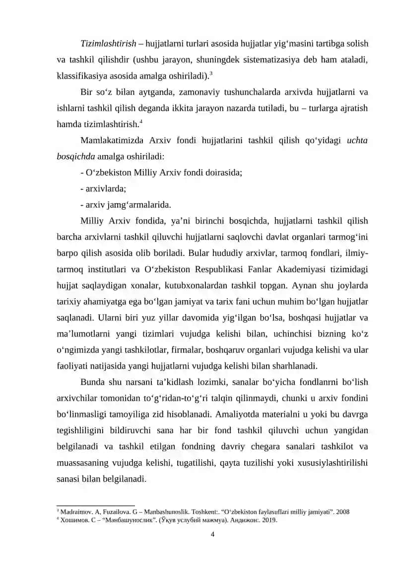 O‘zbekiston Respublikasi MAF hujjatlarini hisobini yuritish. Arxiv hujjatlarini butlash 4