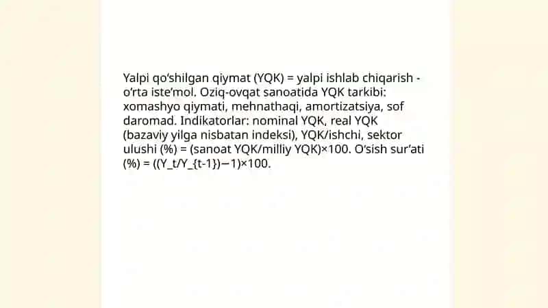 Oziq-ovqat sanoatining milliy iqtisodiyot va uning mikroiqtisodiyoti koʻrsatgichlari 4