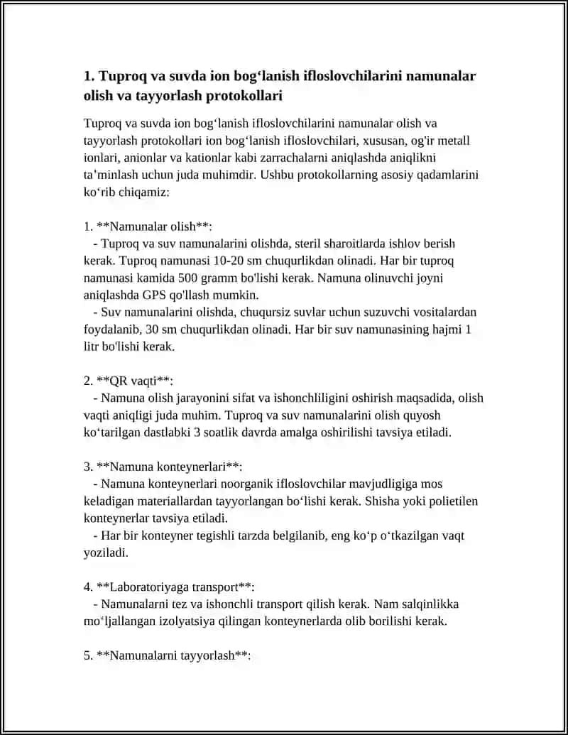 Tuproq va suvda ion bogʻlanish ifloslovchilarini namunalar olish va tayyorlash protokollari 4