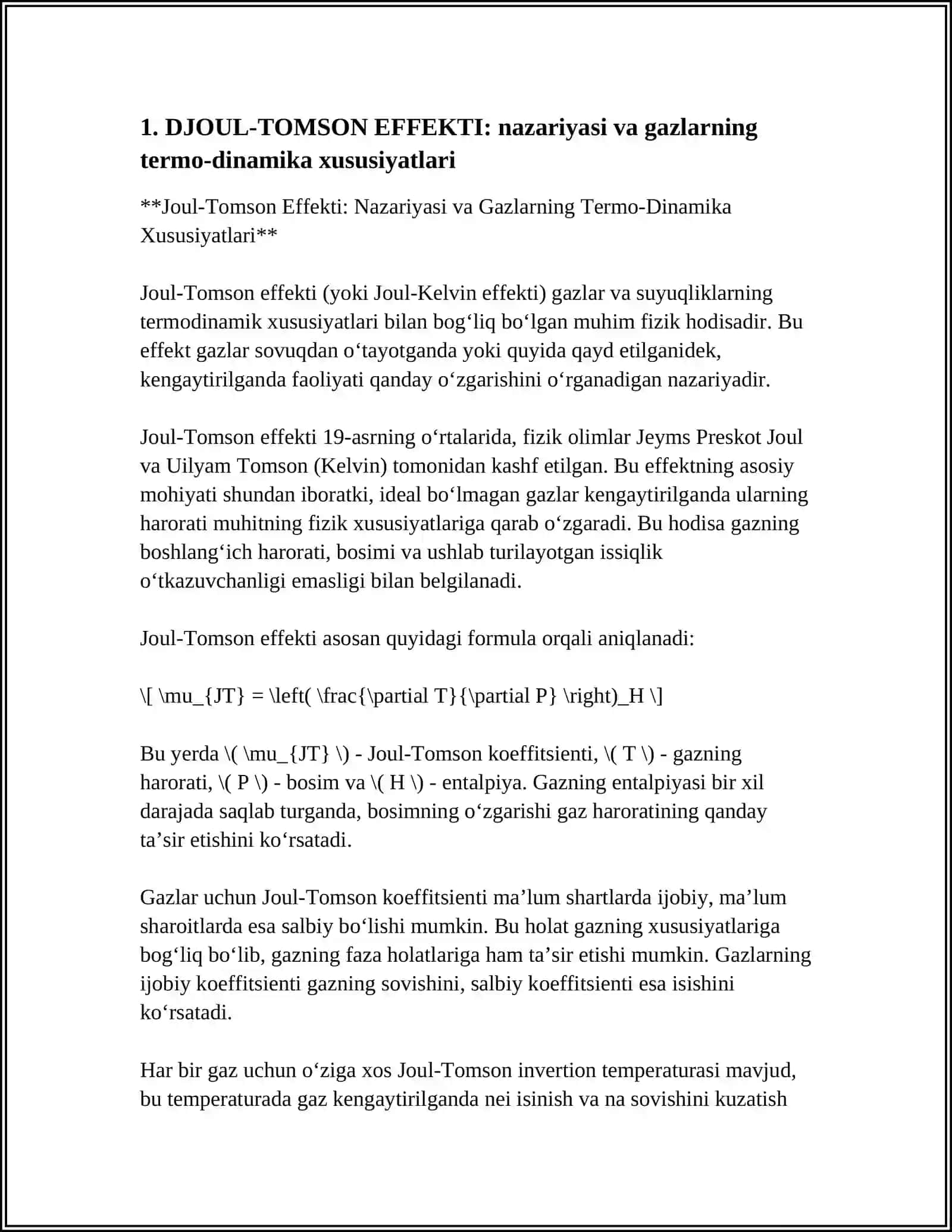 DJOUL-TOMSON EFFEKTI.FARMATSIYA VA TIBBIYOTDA PAST TEMPERATURA QOʻLLANILISHI.SIRT AKTIV MODDALAR VA ULARNING FARMATSIYADA QOʻLLANILISHI.SUYUQ KRISTALLAR.QATTIQ JISM VA ORGANIZM TOʻQIMALARINING MEXANIKAVIY XOSSALARI 4