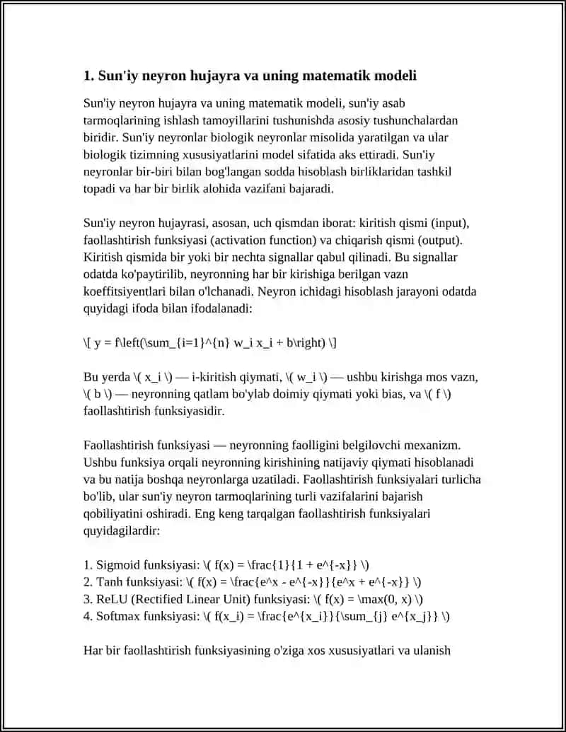 Sun'iy neyron tarmoqlarining ishlash tamoyillari 4