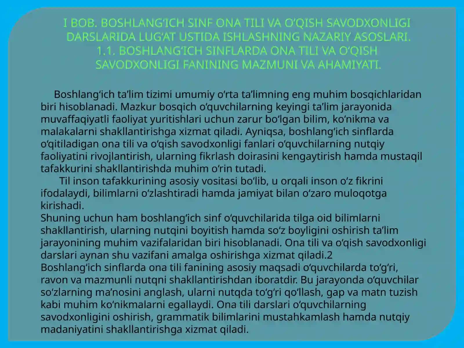 BOSHLANG‘ICH SINF ONA TILI VA O‘QISH SAVODXONLIGI DARSLARIDA LUG‘AT USTIDA ISHLASH METODIKASI 4