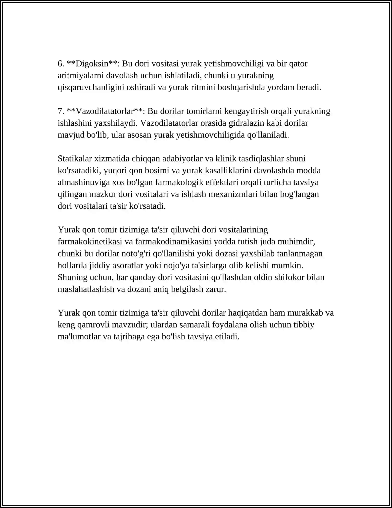 YURAK QON TOMIR TIZIMIGA TA'SIR QILADIGAN VOSITALAR. DIURETIK VOSITALAR 4