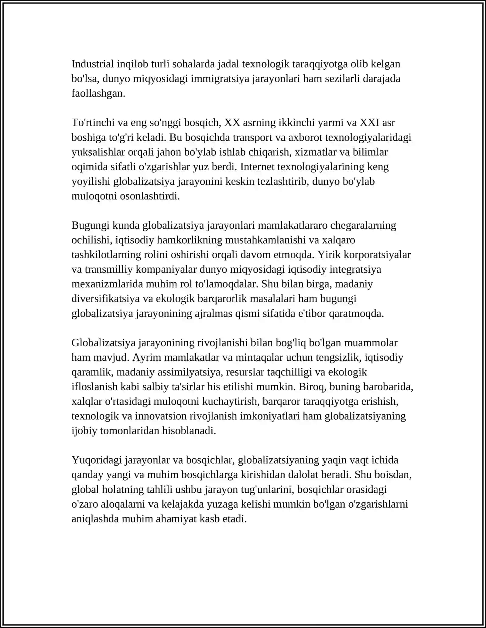 "GLOBALLASHUV, GLOBALIZM VA BARQAROR USTIVOR YO'NALISHLARI" MAVZUSIDA REFERAT 4