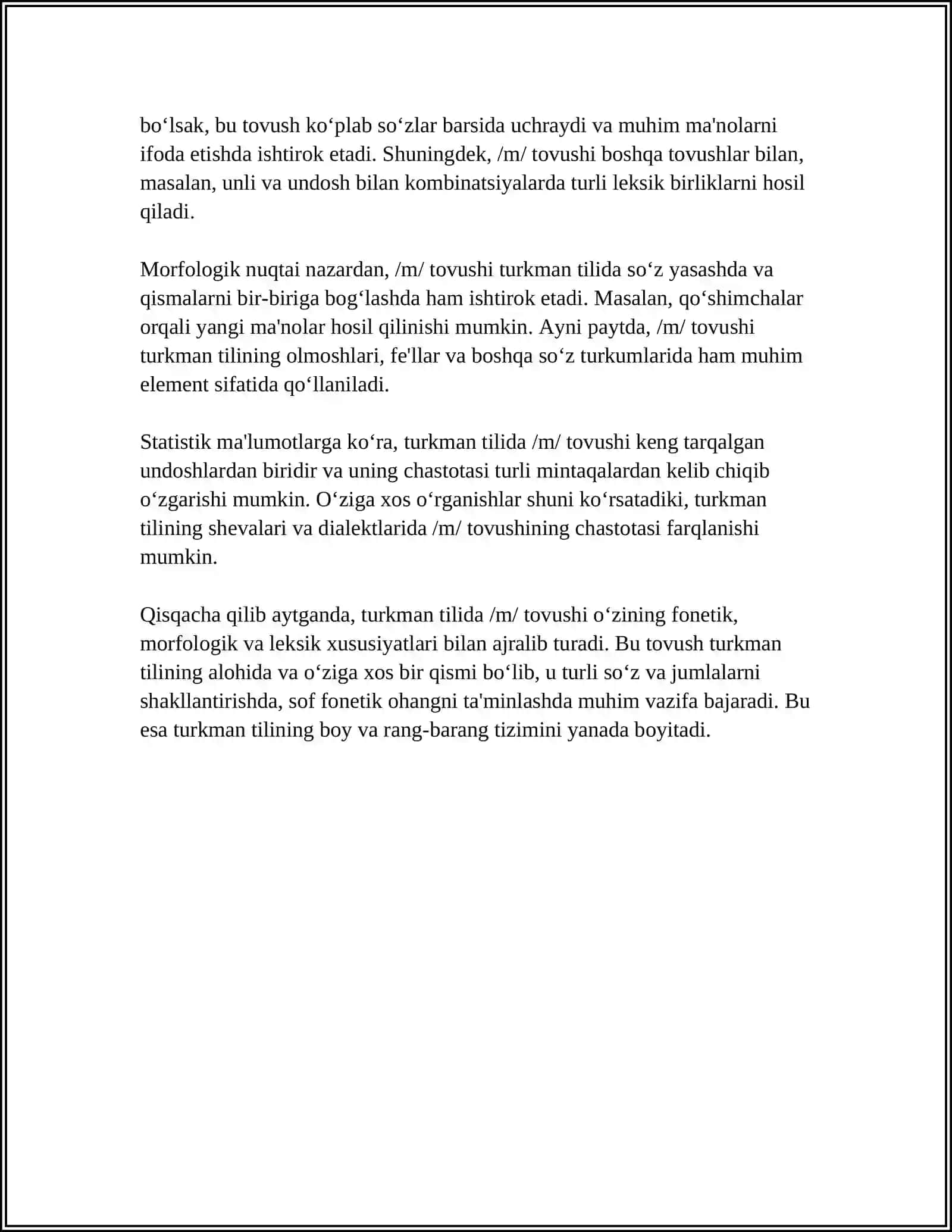 OʻZBEKCHA /M/,/T/,/K/NING TURKMAN, UYGʻUR, MATNLARIDA MUVOFIQLARI 4