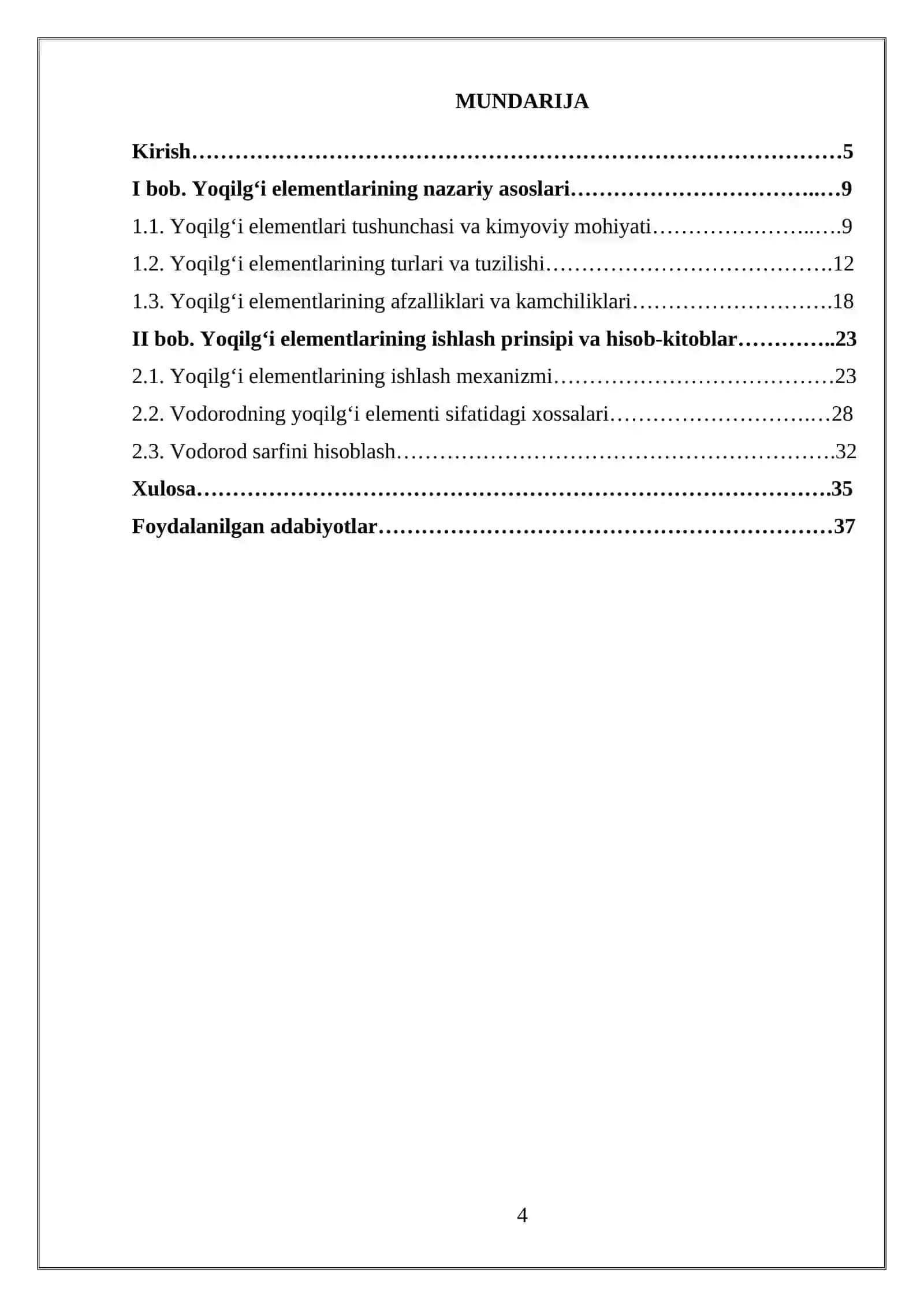 Yonilg’i elementlarining tuzilishi ishlash prinsiplari va vadarodning hisobi 4