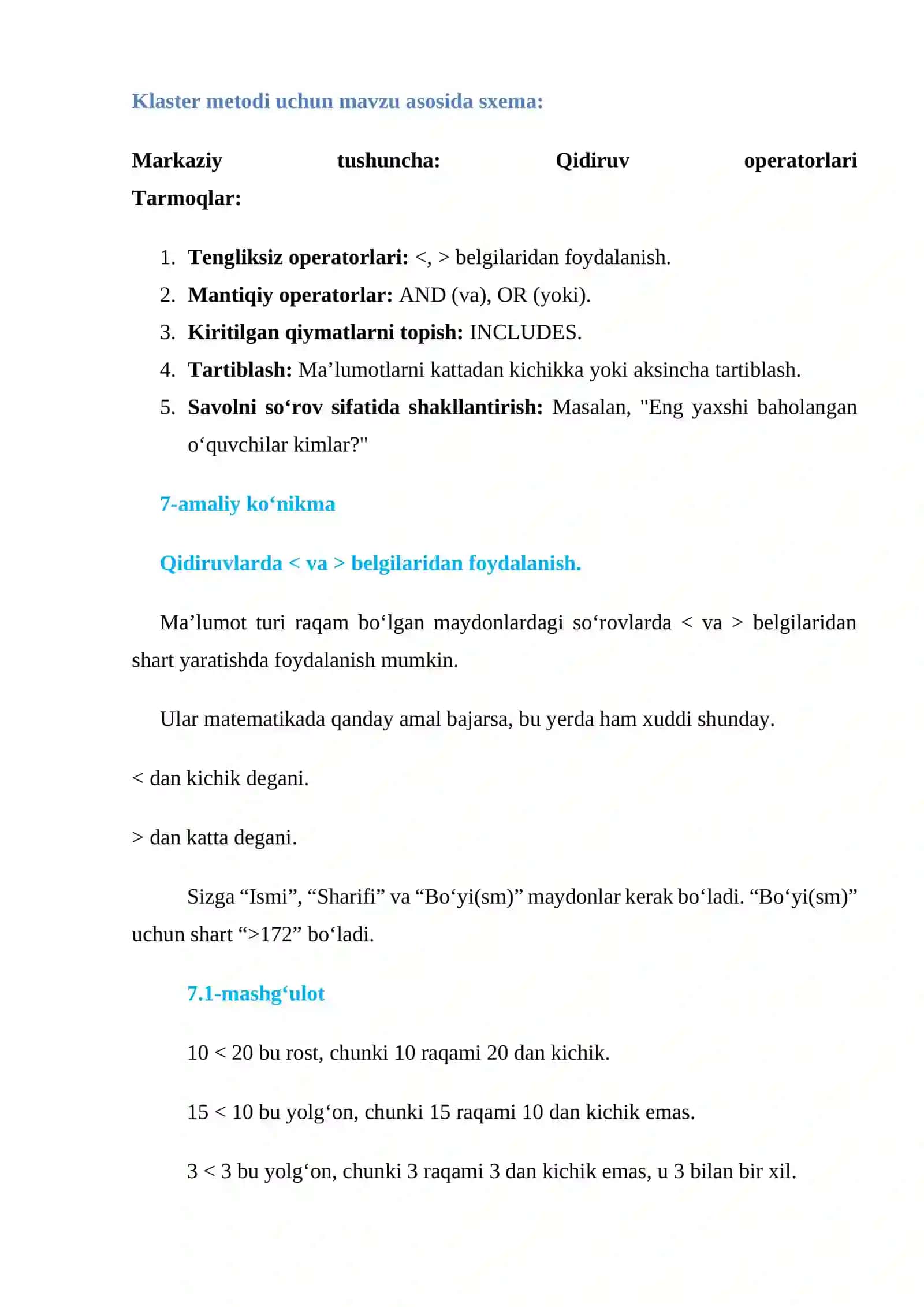 6-sinf Qidiruvlarda va belgilaridan foydalanish. AND so'rovlar. OR so'rovlar. INCLUDES so'rovlar. Tartiblash. Savolni so'rov sifatida qayta shakllantirish va natijalarni tahlil qilish 4