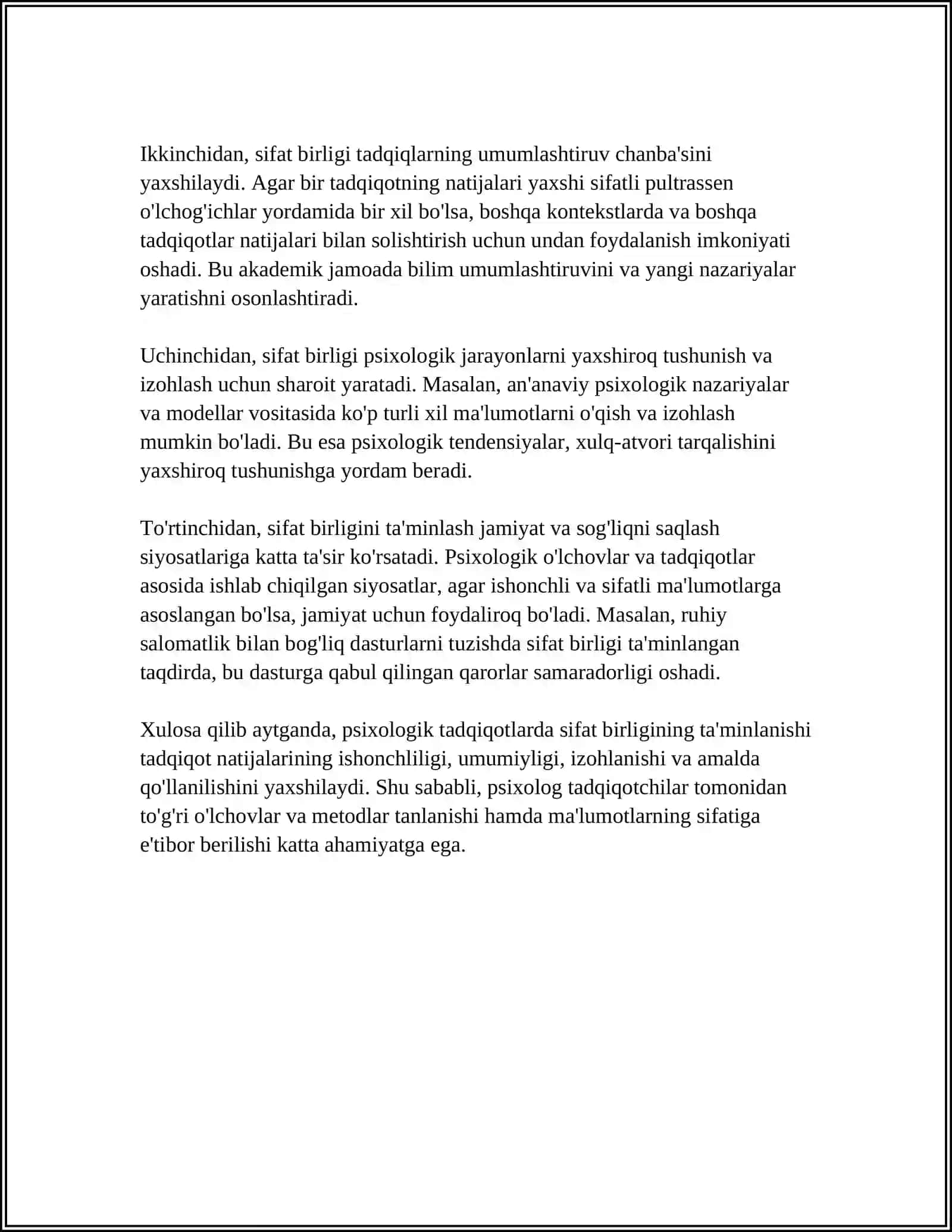 PSIXOLOGIK TADQIQOTLARDA SIFAT VA MIQDOR BIRLIGI.PSIXOLOGIYADA OʻLCHOV 4