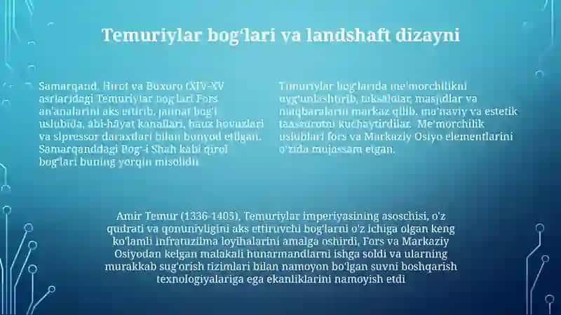 Temuriylar davri astronomlari, masalan Al-Koshiy (Samarqand), matematikada (masalan, π ni 16 o'nlik belgiga aniqlash), astronomiyada (Samarqanddagi rasadxona) va asbobsozlikda (astrolyabiyalar) katta yutuqlarga erishdilar. Geometriya va trigonometriyada ham muhim taraqqiyot kuzatildi. Ulug'bekning astronomik jadvallari juda muhim ahamiyatga ega edi 4