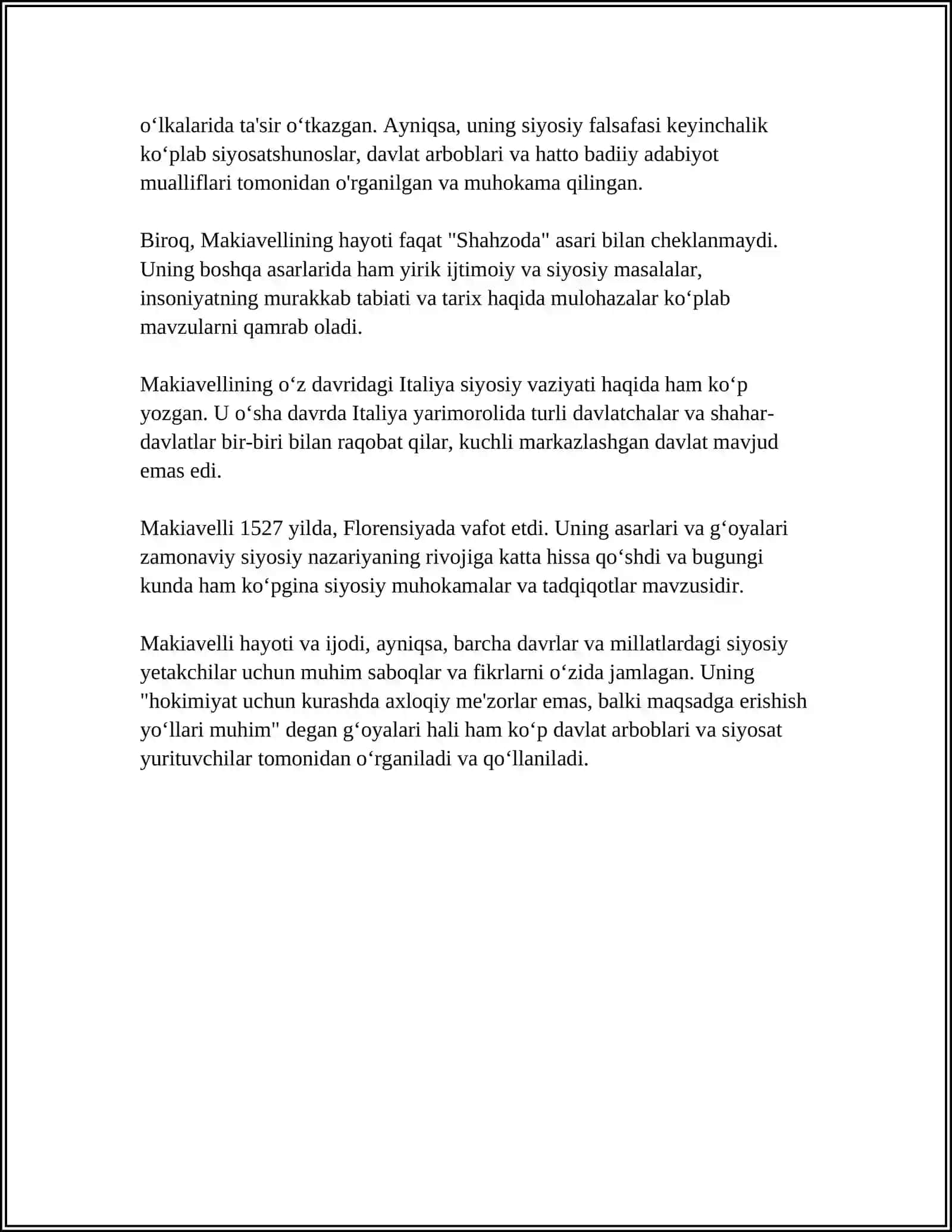 MAKIAVELLI NING "HUKUMDOR" ASARI BOʼYICHA MUSTAQIL ISH 4