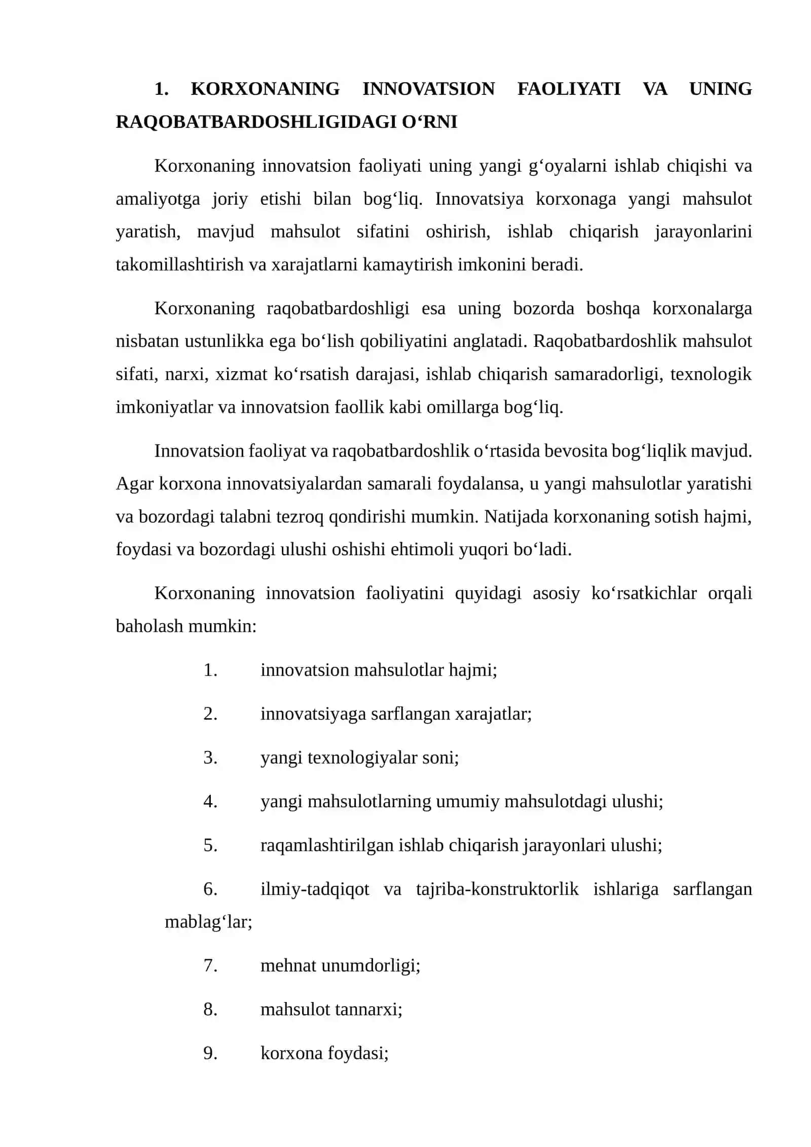 Korxonaning Innovatsion Faoliyati va Raqobatbardoshligini Baholash 4