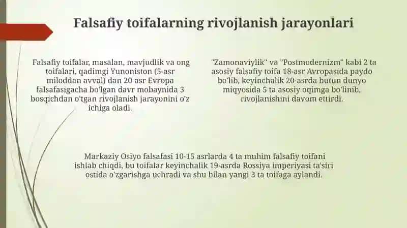 Falsafa kategoriyalarining tansifi va ularning rivojlanish jarayonlaridagi roʻli 4