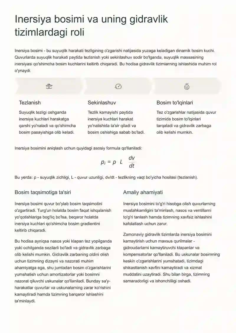 Siqilmaydigan suyuqlikning deformatsiyalanmaydigan quvurlarda inersiya bosimi hisobga olingan beqaror harakati 4
