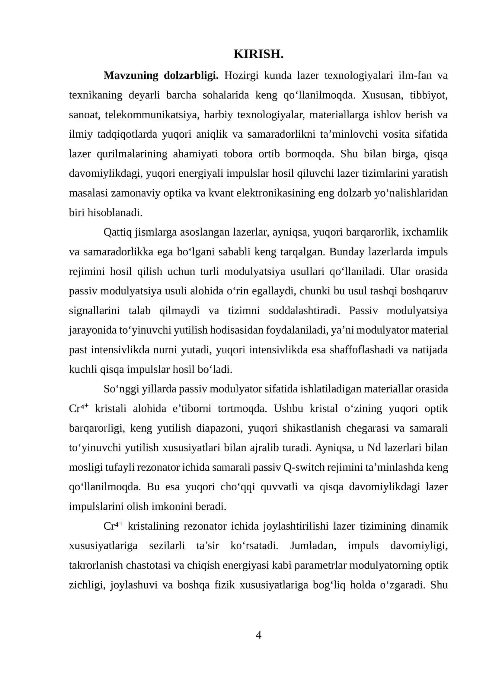 Cr4+:YAG krstali passiv modulyator sifatida resonator ichida o'rganish 4