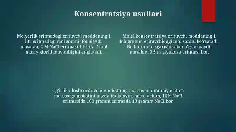 Suyuqeritmalar va ularning konsentratsiyasi. Raulqonuni.Genriqonuni.Osmotikbosim 4