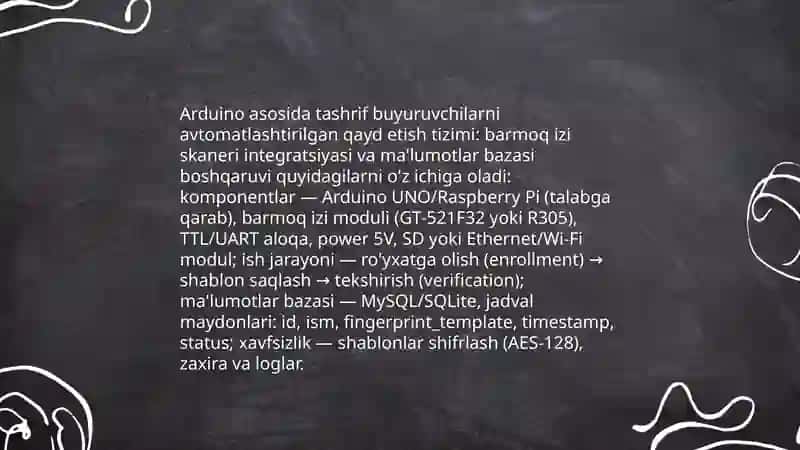 Arduino asosida tashrif buyuruvchilarni avtomatlashtirilgan qayd etish tizimlari Diplom ishi Norboboyev Bahodirjon 4