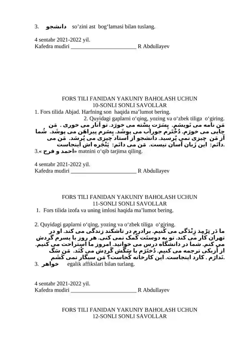Fors Tili Fanidan Yakuniy Baholash Uchun 4