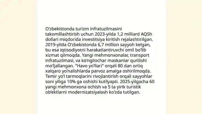 O‘zbekistonda Turizmning Qo‘shimcha Xizmatlarini Rivojlanishi 4