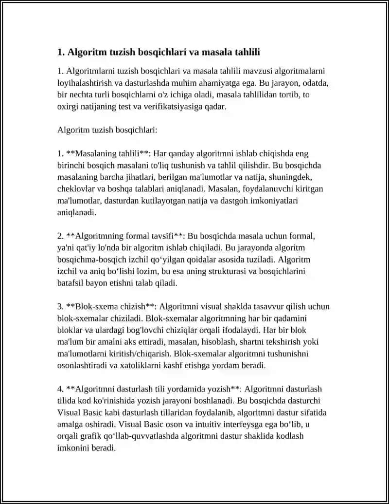 MASALALARNING ALGORITMINI TUZISH VA SHU ALGORITM ASOSIDA VISUAL BASIC DASTURLASH TILIDA DASTUR TUZISH 4