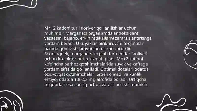 Mn+2 kationini tibbiyotda qo‘llanishi va analitik reaksiyalari 4