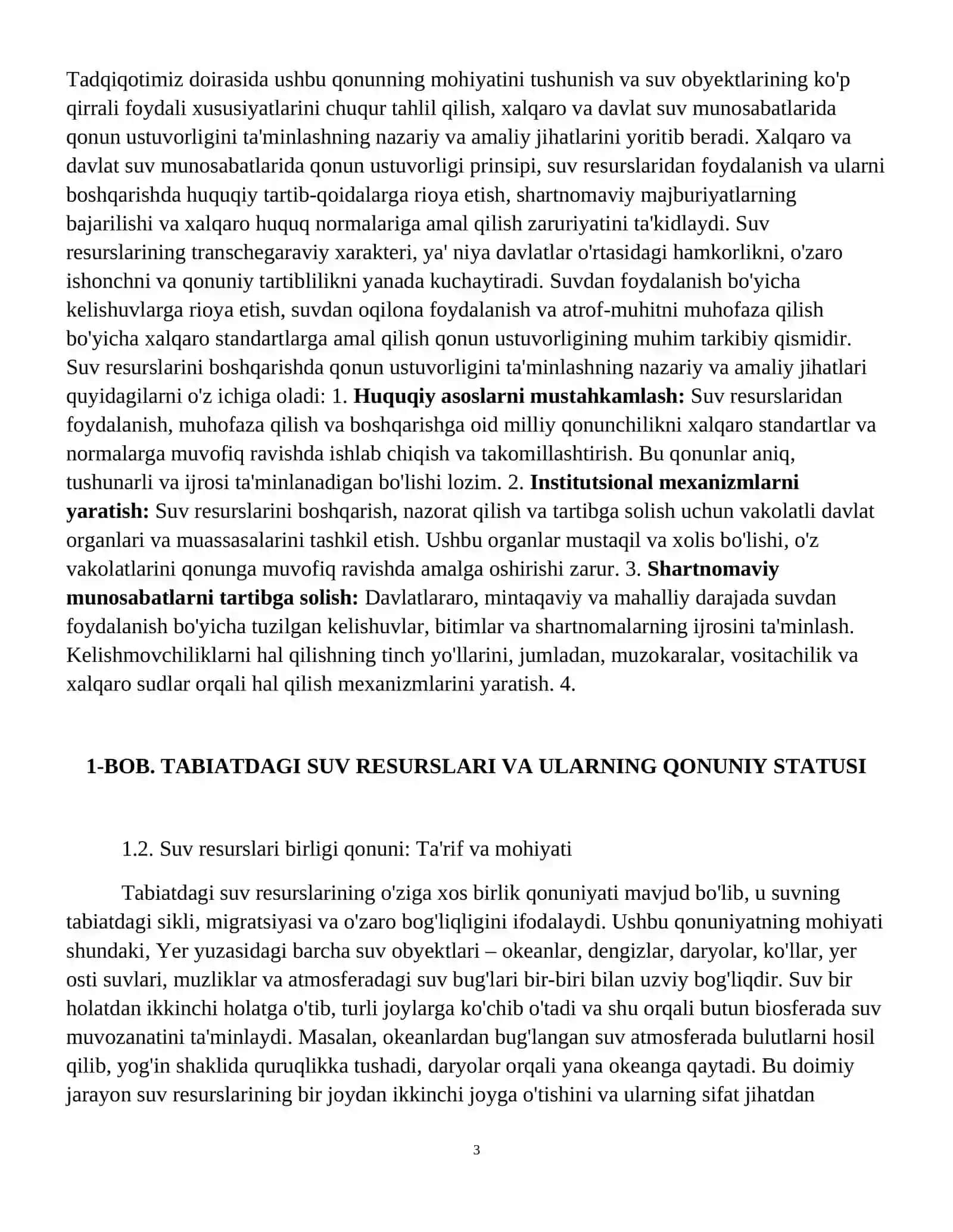 Tabiatdagi suv resurslari birligi qonuni. Suv obyektini foydali xossa va
xususiyatlari. 4