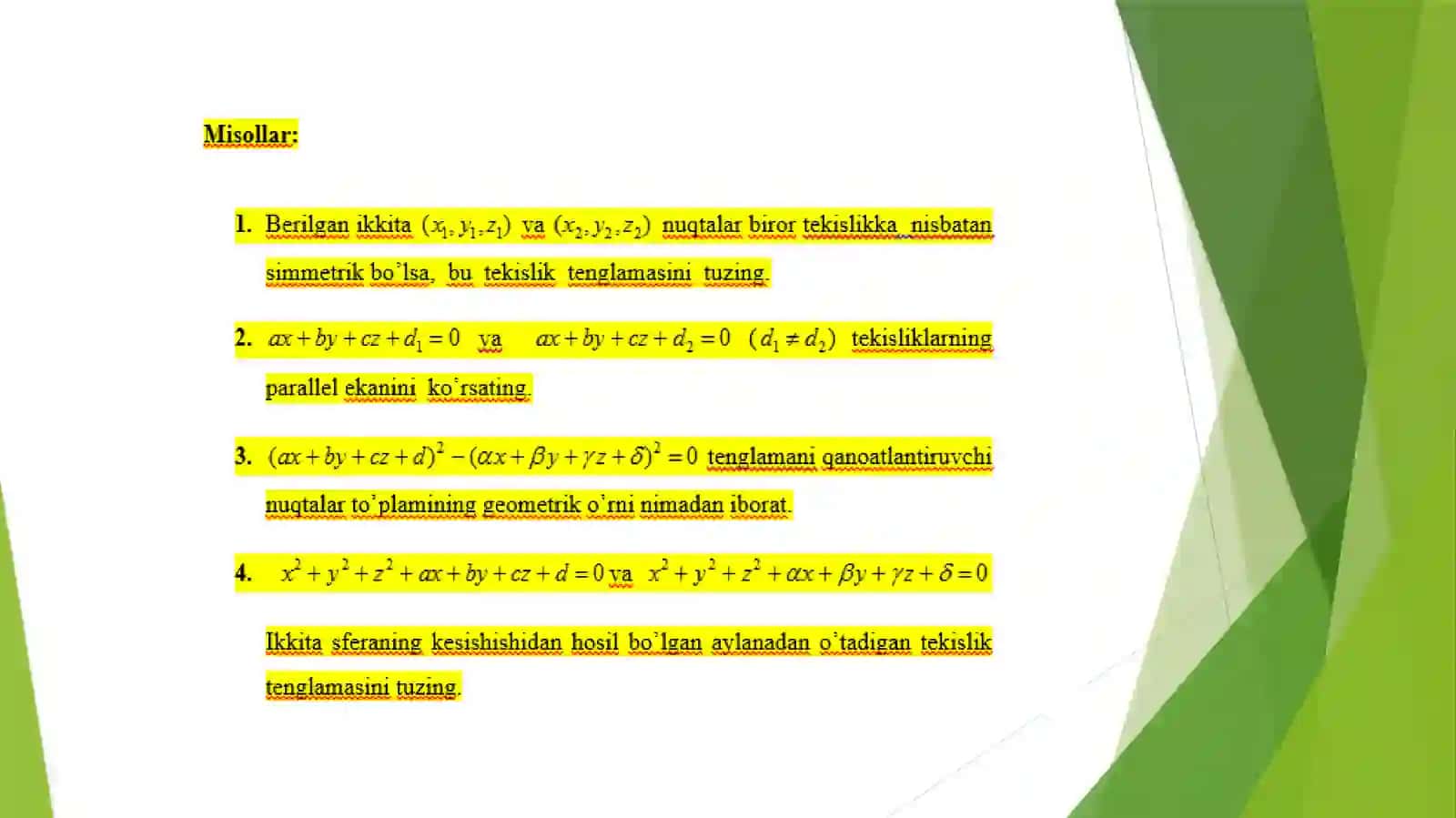 FAZODA TO’G’RI CHIZIQ VATEKISLIKTENGLAMALARI 4