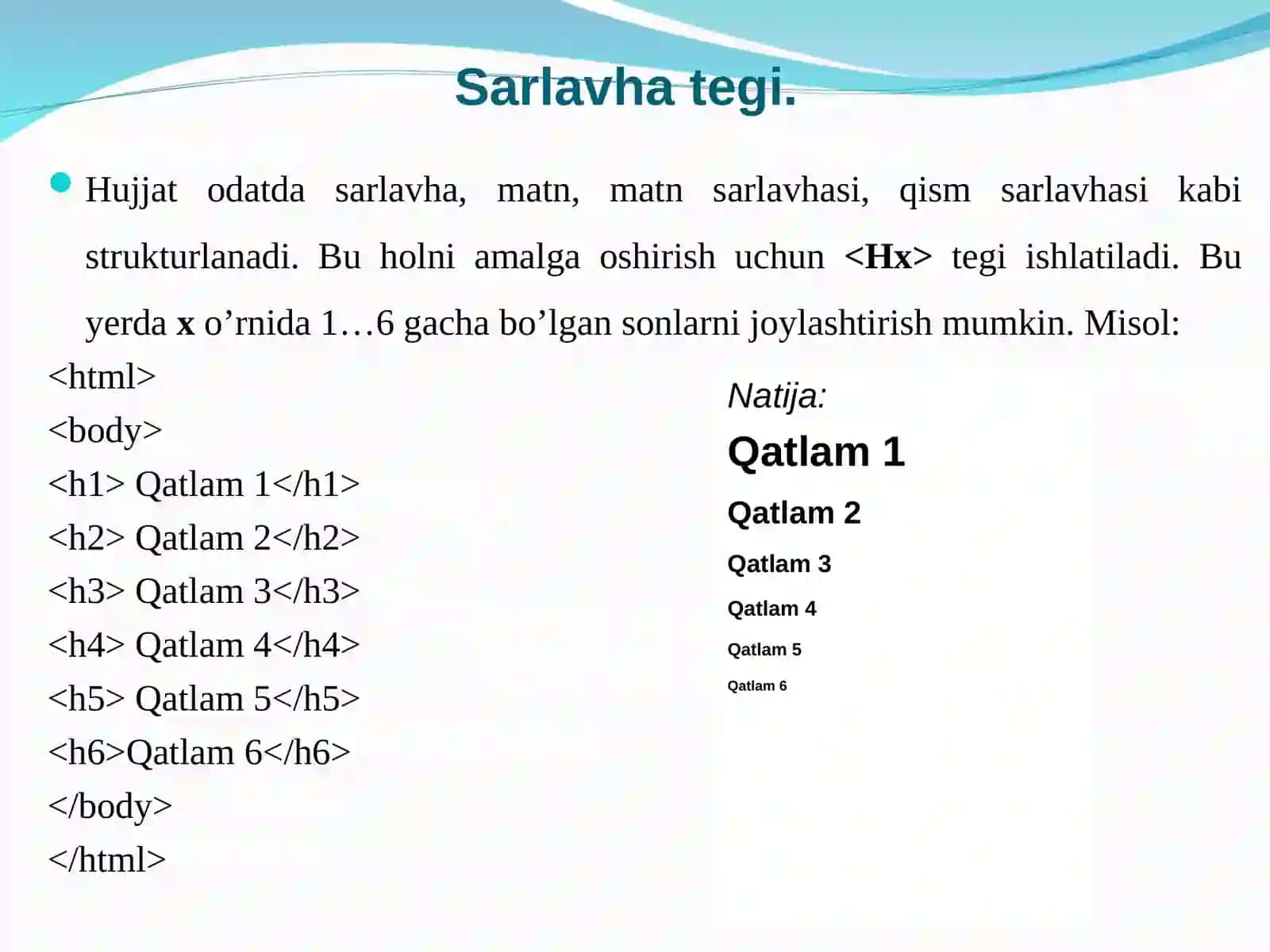 2-Maruza HTML tilida rasmlar hosil qilish teglari, HTML tilida gi’ermatn joylashtirish teglari 4