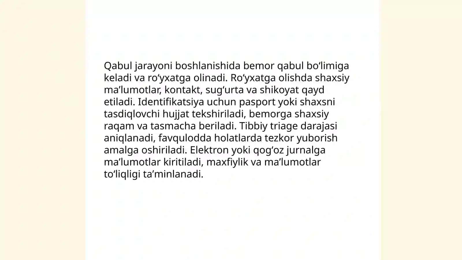 Kasal xonalarda qabul boʻlimi, muolaja xonasi, tramatalogiya boʻlimi haqida umumiy maʼlumot 4