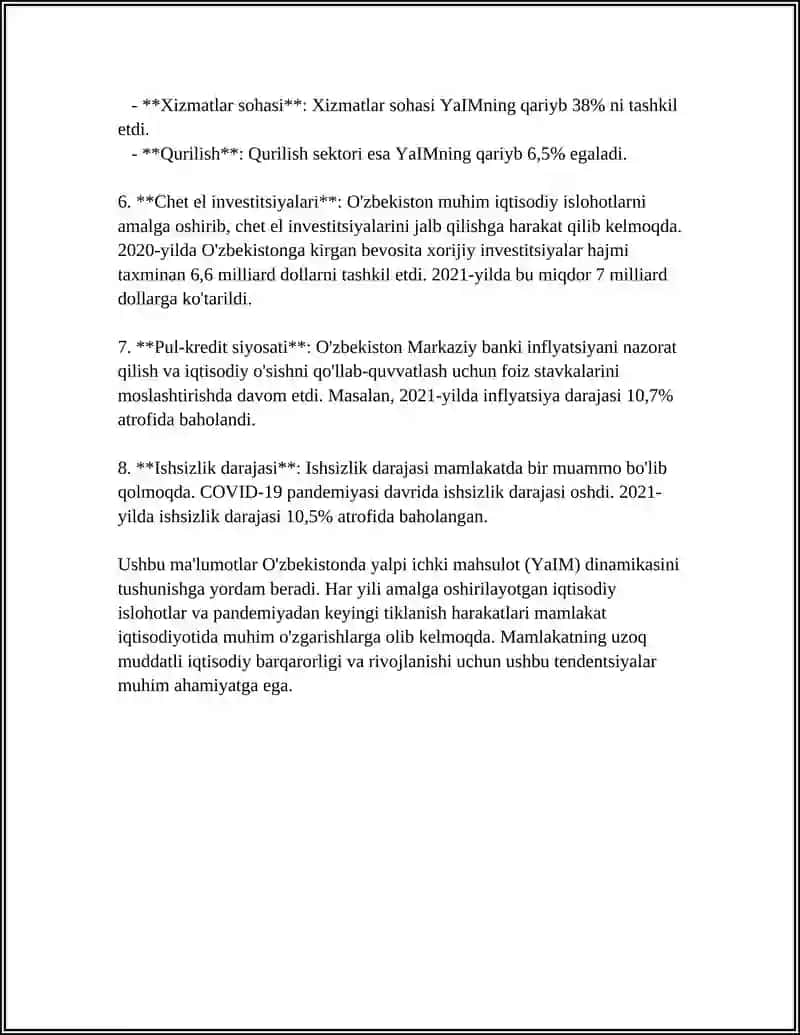 O'ZBEKISTON RESPUBLIKASINING YALPI ICHKI MAHSULOTI TARKIBIDAGI O'ZGARISHLAR TAHLILI 4