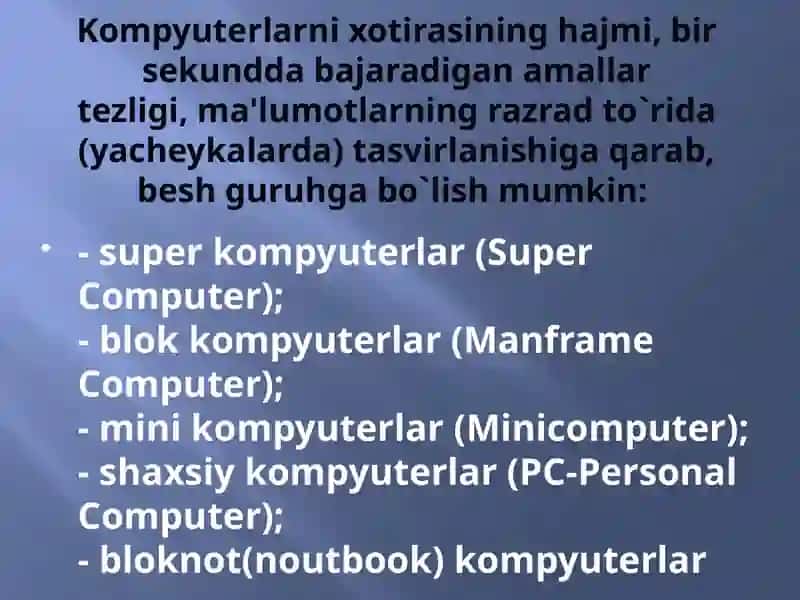 AMALIY ISH KOMPYUTERNING TASHKILIY QISMLARI, ASOSIY KO’RSATKICHLARI VA XUSUSIYATLARI 4