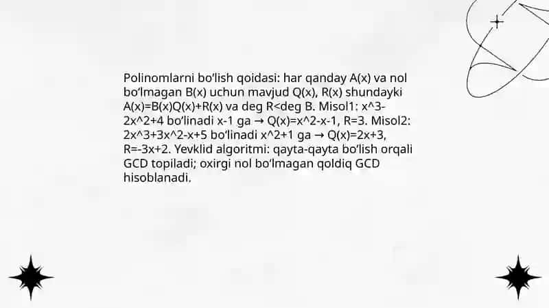Ko`phadlar uchuin Yevklid algoritmi 4