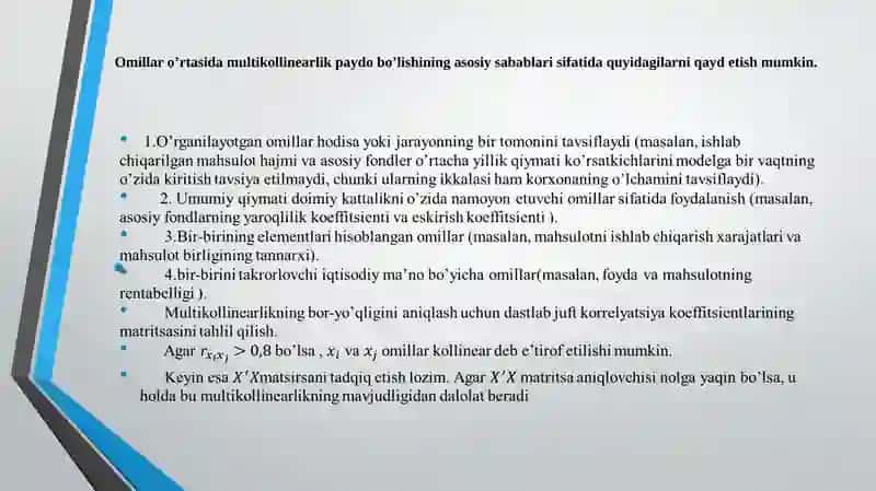 Multikollinearlik Muammosini aniqlash va bartaraf etish usullari 4